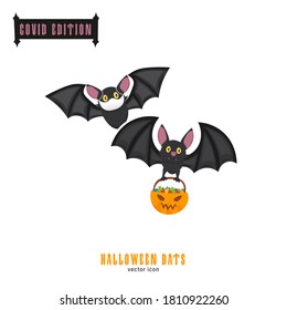 Halloween covid bats. Funny character in a face mask. Party decoration. Coronavirus holiday celebration. Editable vector illustration in flat cartoon style isolated on white background