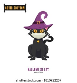 Halloween Covid Cat. Funny Character In A Face Mask. Party Decoration. Coronavirus Holiday Celebration. Editable Vector Illustration In Flat Cartoon Style Isolated On White Background