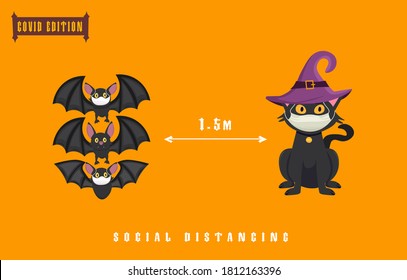 Halloween Covid Poster. Funny Character In A Face Mask. Party Decoration. Coronavirus Holiday Celebration. Editable Vector Illustration In Flat Cartoon Style Isolated On Orange Background