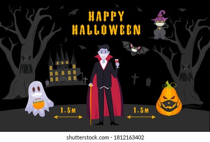 Halloween covid poster. Funny character in a face mask. Party decoration. Coronavirus holiday celebration. Editable vector illustration in flat cartoon style. Horizontal background