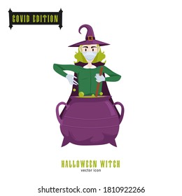 Halloween covid witch. Funny character in a face mask. Party decoration. Coronavirus holiday celebration. Editable vector illustration in flat cartoon style isolated on white background