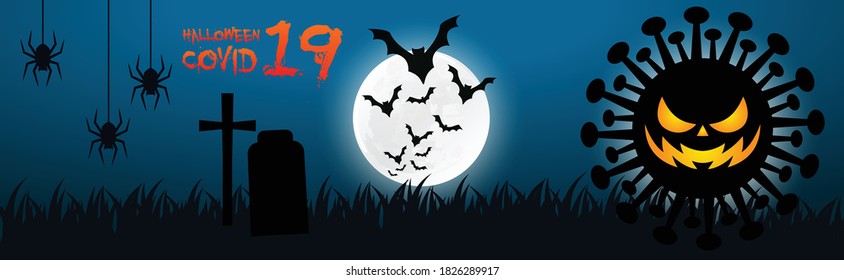 Halloween Covid19 2020 Poster, Night Background With Creepy Castle And Pumpkins, Illustration. Greeting Card Halloween Celebration, Halloween Party Poster.	
