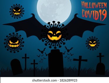 Halloween Covid19 2020 Poster, Night Background With Creepy Castle And Pumpkins, Illustration. Greeting Card Halloween Celebration, Halloween Party Poster.	
