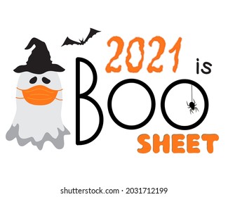 Halloween covid-19 funny mood. 2021 is boo sheet vector concept. Cartoon ghosts in medical masks, bats and spider isolated on white.