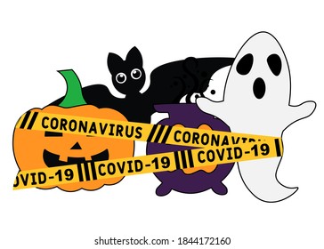 Halloween COVID-19. 
concepto de cancelación de vacaciones .  Ilustración vectorial. peligro de infección, enfermedad, rayas negras y amarillas con texto.