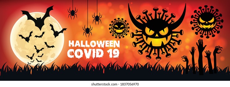 Halloween Covid19 Poster, Night Background With Creepy Castle And Pumpkins, Illustration. Greeting Card Halloween Celebration, Halloween Party Poster.	