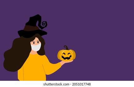 Halloween and COVID-19.  vector flat illustration women  in witch costume with pumpkin . she wearing  face masks outdoors protecting from COVID-19.  Halloween  art design