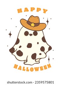 Halloween cowboy ghost in this cute kawaii cartoon doodle. Perfect for spooky celebrations in October, retro western ghost costume illustration captures the whimsical and eerie essence of the holiday.