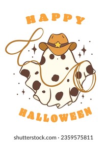 Halloween cowboy ghost in this cute kawaii cartoon doodle. Perfect for spooky celebrations in October, retro western ghost costume illustration captures the whimsical and eerie essence of the holiday.