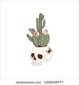 Caza de vaquero de Halloween con ilustración retro de cactus aislada en blanco. El Día de los Santos de Occidente arte de la cabeza muerta. 