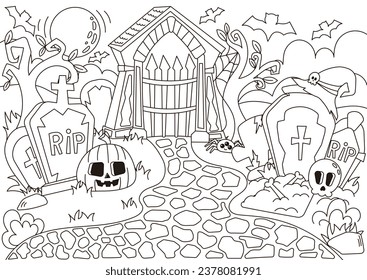 Halloween cozy cemetery with pumpkin and skull characters, creepy graves coloring page for kids and adults, autumn themed outline art for postcard design