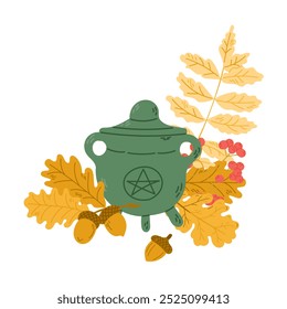 Halloween cozy illustration with hand drawn botanical elements. Witchs cauldron with autumn leaves and berries. Cute design for Halloween isolated on white background