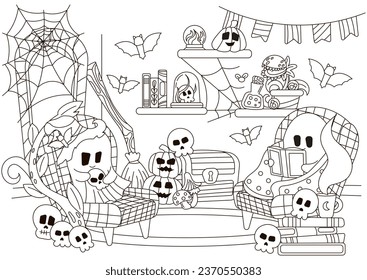 Halloween cozy indoor interior of room with ghost characters sitting in armchairs and reading books, bookshelf and skulls coloring page for kids and adults, autumn themed outline art 