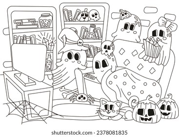 Halloween cozy indoor interior of room with ghost characters watching horror movies, spooky family celebrate holiday,coloring page for kids and adults, autumn themed outline art 