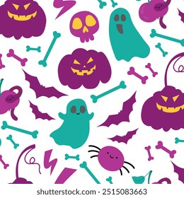 Halloween cozy seamless pattern with ghost, potion, apple, bats, lightning, pumpkins, bones. Autumn holidays ornament with magic elements. Vector illustration iolated on a wite background.