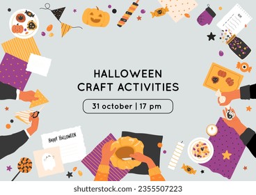 Halloween craft activities banner with text template. Party decoration preparation, event invitation template. Hands top view create cookies, pumpkin carving, bunting cut out. Celebration concept.