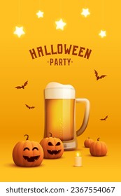 Halloween craft beer poster. Vector template with drunk pumpkins, craft beer mug, bats and candle. Menu template or party Invitation