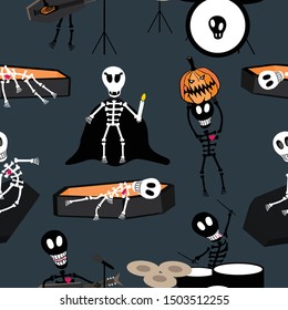 halloween crazy skeleton party scene on dark blue background. Vector seamless pattern.