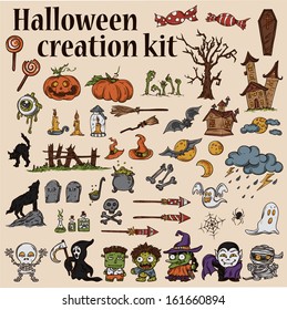 Halloween Creation Kit - Monsters, Pumpkins, Houses, Ghosts, Cats, Bats, Brooms, Tombstones, Candy and many other vector elements