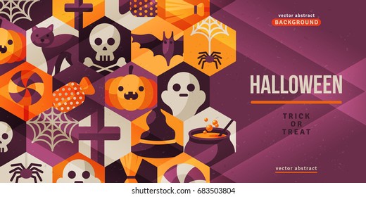 Halloween creative banner with Flat holiday icons in hexagons. Vector illustration.