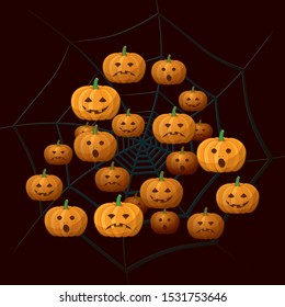 Halloween Creative Concept with Tragic Comic and Screaming Pumpkins as Triple Mobius Loop Impossible Figure and Logo Lettering - Orange on Spider Web Background - Vector Flat Graphic Design