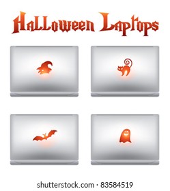 Halloween creative design elements - computers / laptops with Halloween symbols on a backside - witch, bat, cat, ghost - Great for designers, programmers, IT team, all modern people