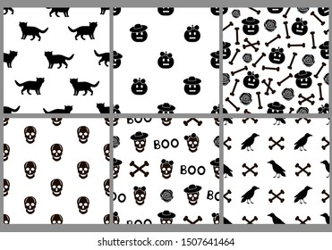 Halloween creative seamless patterns. Black and white backgrounds. Vector illustration