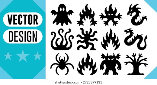Halloween creature icons ghost flame spider dragon tree