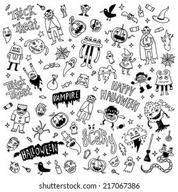 Halloween creatures doodle sketch mega set. Hand drawn vector illustration.