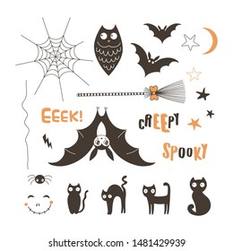 Halloween creatures flat vector illustrations set. Creepy animals stickers. Evil owl, hanging bat, black cat, cobweb, ghost isolated cliparts pack. Spooky halloween midnight. Haunting night