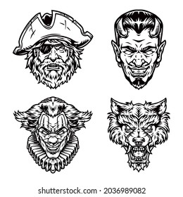 Halloween creatures vintage monochrome set with horned devil bearded and mustached pirate clown with paper collar and werewolf heads isolated vector illustration