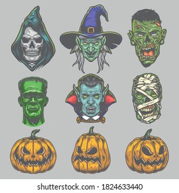 Halloween creatures vintage set with grim reaper witch zombie dracula frankenstein mummy pumpkins heads isolated vector illustration