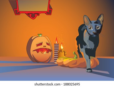 Halloween creeping cat, pumpkin head and candles.