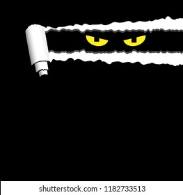 halloween creepy background with torn rolled paper and spooky eyes looking out. Template for covers, invitations