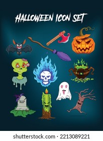 Halloween creepy Bat, witch Broomstick, Bloody Viking Axe, Pumpkin, Boiling Poison Cauldron, Fire on Skull, Ghost, Running Tree, Graveyard, Magic Hat, RIP, Grave, scary Zombie Cartoon