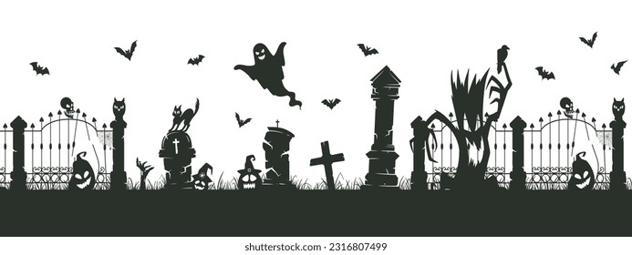 Halloween creepy border. Spooky cemetery silhouettes, halloween decoration with scary trees and gravestones flat vector illustration