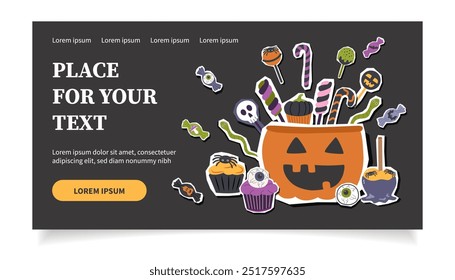 Banner preto assustador Halloween com adesivos de doces Halloween. Dia das Bruxas tratar fundo. Conceito de Halloween.