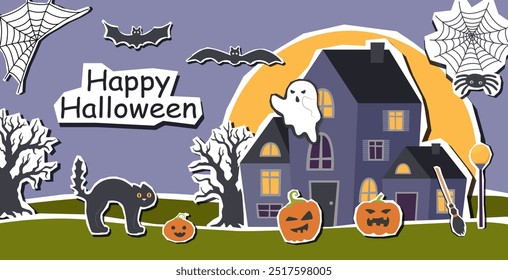 Halloween creepy cute black banner with Halloween elements stickers. Halloween background. Halloween concept.