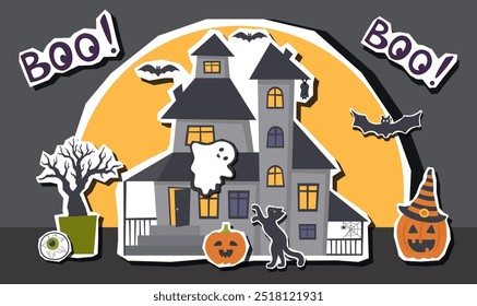 Halloween creepy cute black banner with Halloween house and elements stickers. Halloween background. Halloween concept.