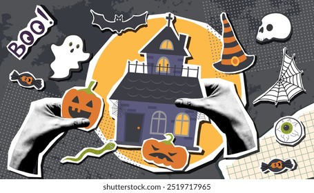 Halloween creepy cute black banner with Halloween house and elements stickers. Halloween background. Halloween concept.