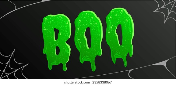 Halloween creepy dark banner with BOO word, green liquid lettering, zombie mucus splash, vector art.