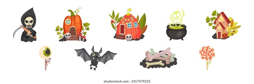 Halloween with Creepy Death, Bat, Bones, Cauldron, Pumpkin House and Eye Candy Vector Set