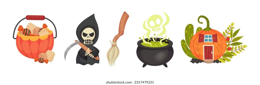 Halloween with Creepy Death, Broom, Cauldron and Pumpkin House Vector Set