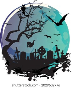 Halloween creepy design with Guest and Bats in Cemetery