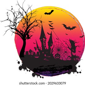 Halloween creepy design with Guest and Bats in Cemetery with Witch Haunted House Pumpkins and Bats
