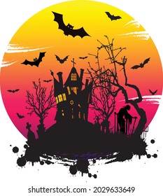 Halloween creepy design with Guest in Cemetery with Witch Haunted House Pumpkins and Bats