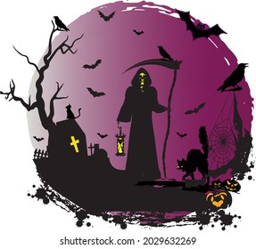 Halloween creepy design with Guest Haunted House Pumpkins Cat and Bats