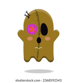 Halloween creepy doll ghost with needles in the head. Kawaii creepy doll phantom. Cute monster mystical drawing concept. Flat vector illustration in hand drawn style isolated on white background