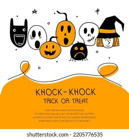 Halloween creepy faces pumpkin, witch, spider, ghost, skull and phrase KNOCK KNOCK TRICK or TREAT. Vector illustration on 31 October.
