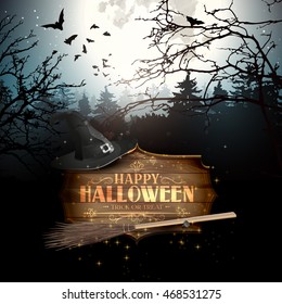 Halloween creepy forest with bats, full Moon and wooden sign with calligraphic inscription